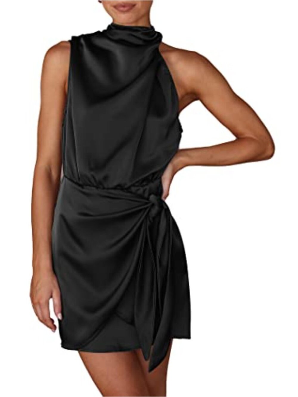Womens Satin Mock Neck Sleeveless Mini Cocktail Party Dress